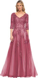 Niulatu Women's V-Neck 3/4 Sleeve Mother of The Bride Dress A-line Tulle Lace Appliques Long Formal Party Dress HZ1007