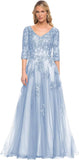 Niulatu Women's V-Neck 3/4 Sleeve Mother of The Bride Dress A-line Tulle Lace Appliques Long Formal Party Dress HZ1007