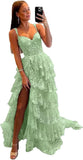 Niulatu Tiered Lace Tulle Prom Dresses Long 2025 Spaghetti Straps Formal Corset Evening Gown with HZ1007