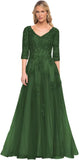 Niulatu Women's V-Neck 3/4 Sleeve Mother of The Bride Dress A-line Tulle Lace Appliques Long Formal Party Dress HZ1007