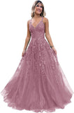 Niulatu Lace Glitter Tulle Prom Dress Long Ball Gown V Neck Formal Evening Dress Maxi Party HZ1007
