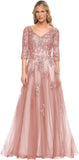 Niulatu Women's V-Neck 3/4 Sleeve Mother of The Bride Dress A-line Tulle Lace Appliques Long Formal Party Dress HZ1007