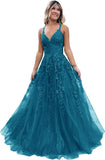 Niulatu Lace Glitter Tulle Prom Dress Long Ball Gown V Neck Formal Evening Dress Maxi Party HZ1007