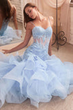 Niulatu Women's Lace Applique Tulle Prom Dresses Long Mermaid Ruffles Sparkly Formal Evening Party HZ1007