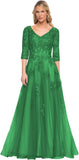 Niulatu Women's V-Neck 3/4 Sleeve Mother of The Bride Dress A-line Tulle Lace Appliques Long Formal Party Dress HZ1007