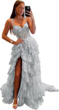 Niulatu Tiered Lace Tulle Prom Dresses Long 2025 Spaghetti Straps Formal Corset Evening Gown with HZ1007