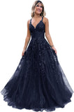 Niulatu Lace Glitter Tulle Prom Dress Long Ball Gown V Neck Formal Evening Dress Maxi Party HZ1007