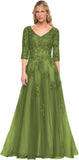 Niulatu Women's V-Neck 3/4 Sleeve Mother of The Bride Dress A-line Tulle Lace Appliques Long Formal Party Dress HZ1007