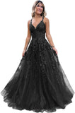 Niulatu Lace Glitter Tulle Prom Dress Long Ball Gown V Neck Formal Evening Dress Maxi Party HZ1007