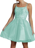 Niulatu Lace Beaded Tulle Homecoming Dresses Short Square Neck Prom Dress Spaghetti Straps Party HZ1007