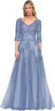 Niulatu Women's V-Neck 3/4 Sleeve Mother of The Bride Dress A-line Tulle Lace Appliques Long Formal Party Dress HZ1007
