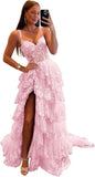 Niulatu Tiered Lace Tulle Prom Dresses Long 2025 Spaghetti Straps Formal Corset Evening Gown with HZ1007