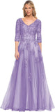 Niulatu Women's V-Neck 3/4 Sleeve Mother of The Bride Dress A-line Tulle Lace Appliques Long Formal Party Dress HZ1007