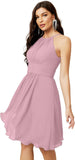 Niulatu Short Halter Top Chiffon Bridesmaid Dresses Tea Length A Line Formal Evening Party Cocktail Dress Dusty HZ1007
