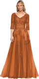 Niulatu Women's V-Neck 3/4 Sleeve Mother of The Bride Dress A-line Tulle Lace Appliques Long Formal Party Dress HZ1007