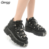 Niulatu Women's New Rock Shoes Gothic Chunky Platform Ankle Boots Punk Style Heels Height 6CM Sneakers Lace-up PU Metal Decor DJSE