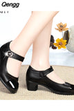 Niulatu Women's Black Working Shoes Mother Shoe Soft Sole Comfortable Mid-heel Single Shoes Non-slip Leather Shoes for Middle-aged Women DJSE