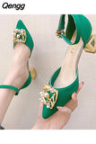 Niulatu High Heels Pumps Women Elegant Pearl Buckle Square Heels Wedding Party Shoes Ladies Pointed Toe Ankle Strap Pumps DJSE