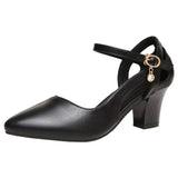 Niulatu Women Classic Pointed Toe High Quality Black Leather Buckle Strap Square Heel Shoes Lady Office Pumps Sapatos Femininas G288 DJSE