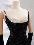 Niulatu Mermaid Spaghetti Straps Black Sequin Long Prom Dresses Party Dress With Beads HZ1110