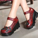Niulatu Spring Autumn Ethnic Comfortable Women Wedges Genuine Leather Women's Shoes round toe Platform high heels pumps DJSE