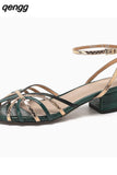 Niulatu 33-43 Women Sandals Real Leather High Heels Summer Shoes For Womens Ankle Strap Chunky Retro Rome Woven Sandalias DJSE