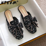Niulatu Women's Summer Wear 2025 New Flat Bow Muller Shoes Large Size 41-43 Baotou Half Drag Fashion Rhinestone Lazy Shoes DJSE