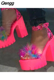 Niulatu Sandals High Heels with Fur Female Platform Pumps Women Ankle Strap Women's Wedge Shoes 2025 Summer DJSE