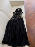 Niulatu Black Halter Satin Print Floral Sequins Evening Dress Long ALine Prom Dress HZ1007