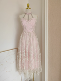 Niulatu A line High Neckline Pink Tulle Dinner Party Dresses Birthday Outfits SD393