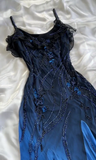 Niulatu Navy Blue Chiffon Beaded Evening Dress Formal Party Prom Dress HZ1007