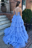 Straps Blue Appliques Tiered Ruffle Long Formal HZ0308