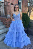 Straps Blue Appliques Tiered Ruffle Long Formal HZ0308