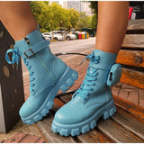Niulatu Women's Boots Buckle Strap Zipper Ladies Motorcycles Boots Pocket Lace Up Female Combat Runway Ankle Boots Woman Platform Shoes DJSE