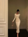 Niulatu Sheath Long Sleeves Ivory Date Night Dress Long Prom Dresses Birthday Outfits SD1076