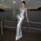 Niulatu White Satin Backless Long Prom Evening Dress HZ1007