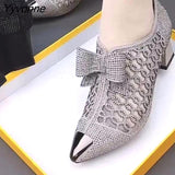 Niulatu Women Luxury Mesh Breathable Bow-knot Rhinestone Elegant Medium Heels Single Shoes High Pump Pointed Toe Sandals DJSE