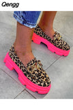 Niulatu Women Shoes 2025 Fashion Leopard Faux Suede Loafers Chunky Heel Metal Chain Slip On Summer Vulcanized Casual Mocassin Lazy Shoes DJSE