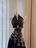 Niulatu Black Halter Satin Print Floral Sequins Evening Dress Long ALine Prom Dress HZ1007