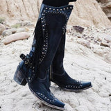 Niulatu Autumn Winter Women's Large Tassel Restoring Beige Black Western Boots Pointed Thick Heels Mid Boots Women Shoes DJSE