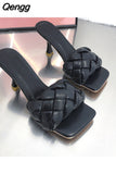 Niulatu Slippers Women Summer Shoes Slides Low Fashion Heeled Mules Pantofle Luxury High 2025 Basic Retro Fabric Rubber Sewin DJSE