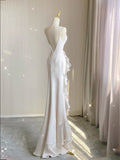 Niulatu Mermaid Scoop Satin Night Party Dress White Long Prom Dresses SD1524