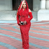 Niulatu Mermaid Halter Red Sequin Long Prom Dress With Gloves HZ1110