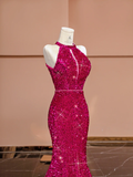 Niulatu Pink Mermaid Halter Sequin Open Back Long Prom Dress Party Dress HZ0113