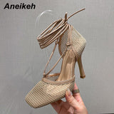 Niulatu Sandy Beach Mesh Hollow Summer Sandals Women Travel Cross-Tied Thin Heels High Shoes 2025 Sexy Zapatillas Mujer DJSE