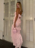 Niulatu Pink Chiffon Ruffles Tiered Evening Dress Slit Mermaid Prom Party Dress HZ1007