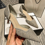Niulatu Women Two-Piece Shoes Thin High Heels Pointed Toe Pumps Elegant String Bead Crystal Party Ladies Footwear Autumn Apricot DJSE