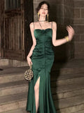 Niulatu Sheath Spaghetti Straps Floor Length Green Satin Prom Dresses Birthday Dress SD452