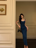 Vintage Sheath Square Neckline Blue Satin Sleeveless 18th Birthday Dress Party Gown Birthday Outfits For Women HZ1214