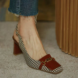 Niulatu Fashion Women's Shoes Thousand Bird Lattice Soft Leather Ladies Pumps Spring Square Toes Chunky Heels Female Shoes DJSE